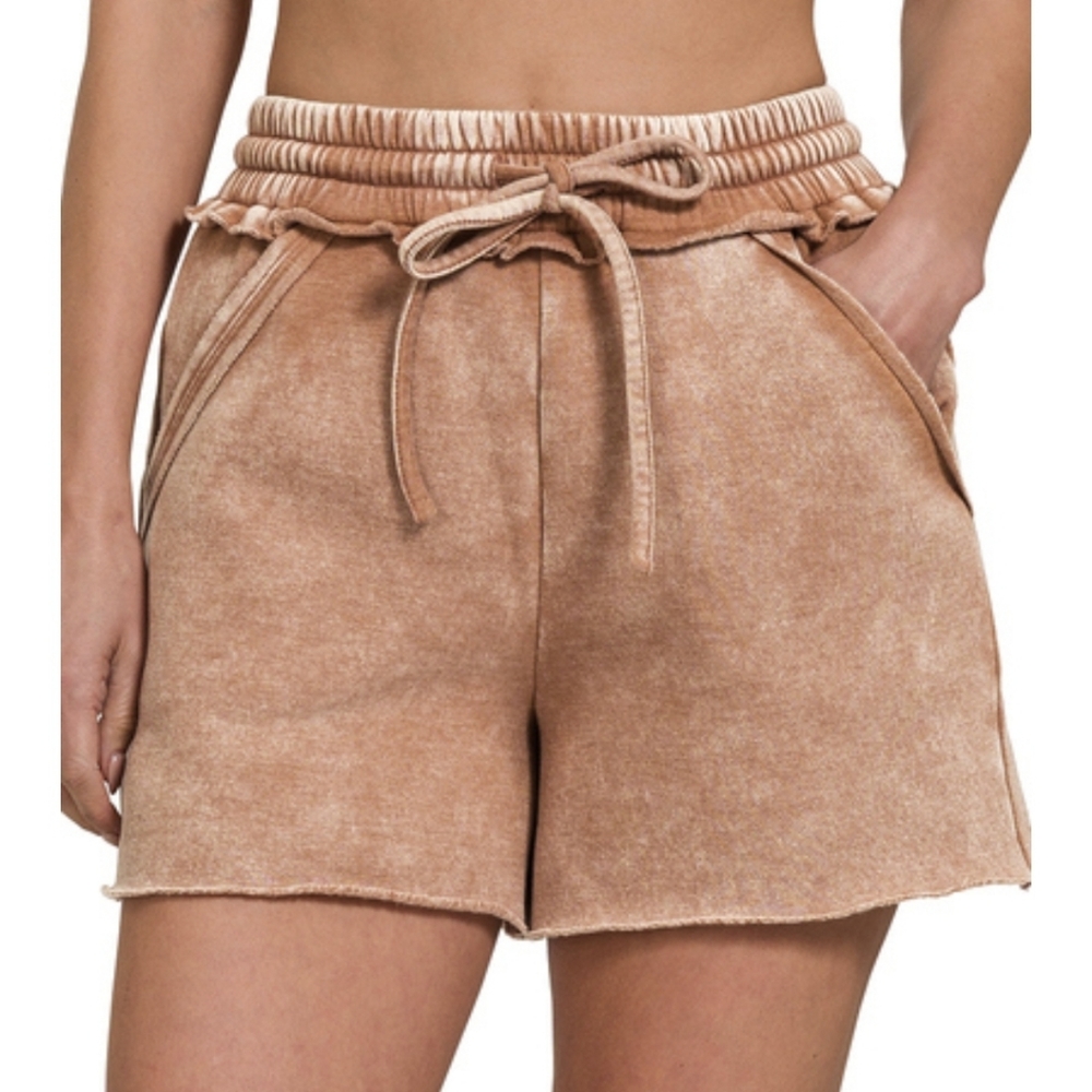 Rust Acid Wash Fleece Drawstring Shorts